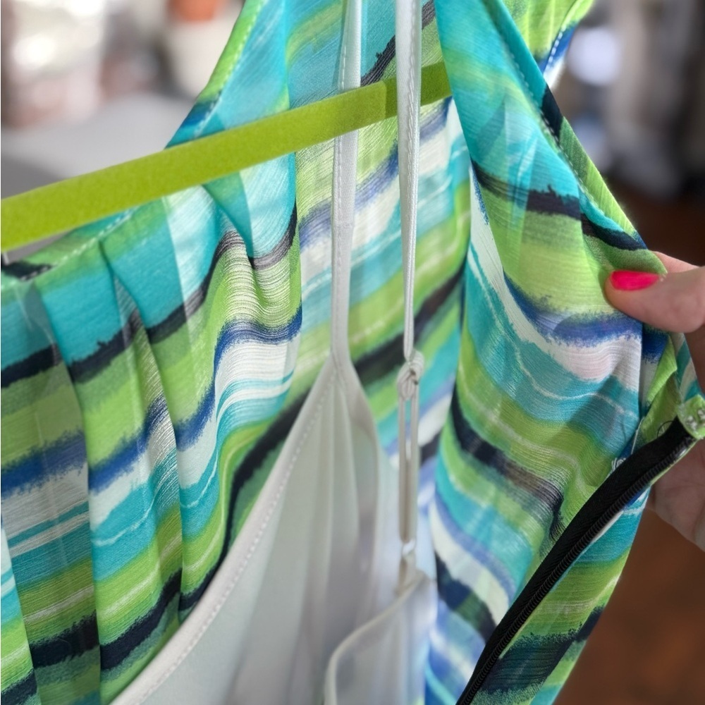 AB Studio Striped Green and Blue Sleeveless Dress with Built in cami, Sz 14 - Picture 3 of 9